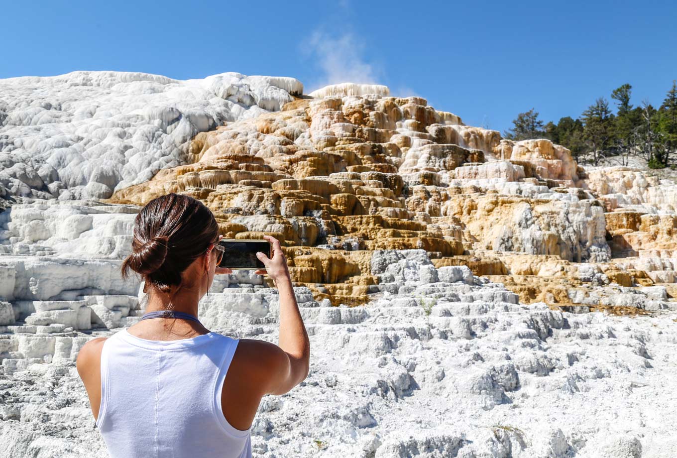 A Yellowstone visitor photographing Mammoth Hot Springs